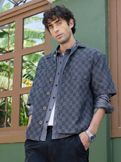 Men's Woven Geometric Pattern Cuban Collar Shirt