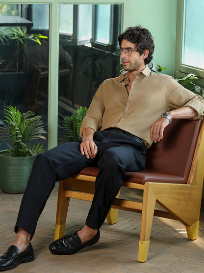 Men's Solid Khaki Cotton Button-Down Casual Shirt