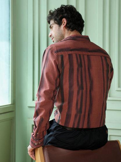 Men's Rust & Black Vertical Stripe Regular Fit Casual Shirt