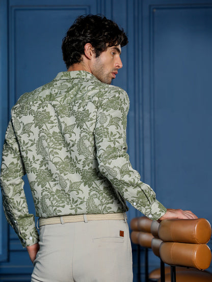 Men's Sage Green Floral & Paisley Printed Casual Shirt