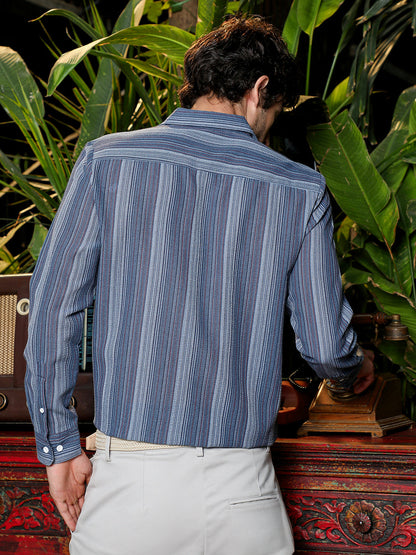 Men's Blue Textured Vertical Stripe Casual Shirt