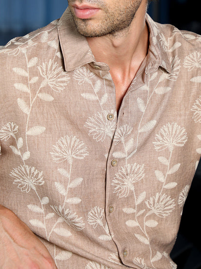 Men's Light Brown Floral Embroidered Full Sleeve Shirt