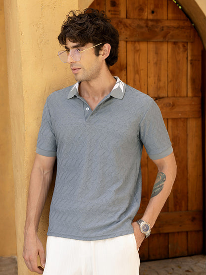 Men's Blue Chevron Textured Cotton Blend Polo T-Shirt