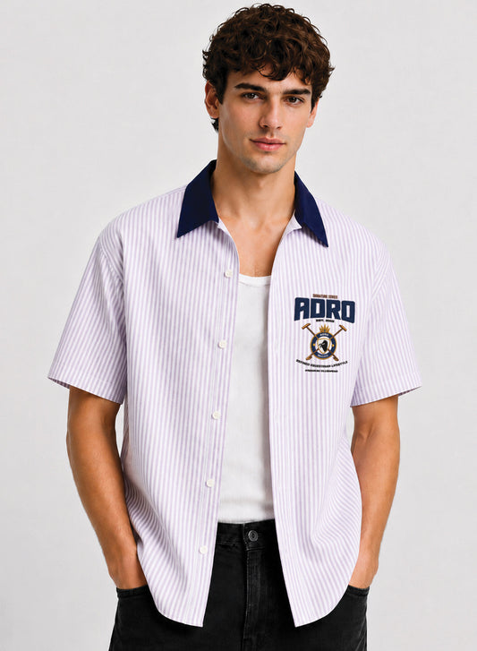 ADRO Signature Series Half Sleeve Striped Shirt for Men | Cotton Blend Casual Shirts | Relaxed Fit Contrast Collar Summer Wear | Lavender Lavender
