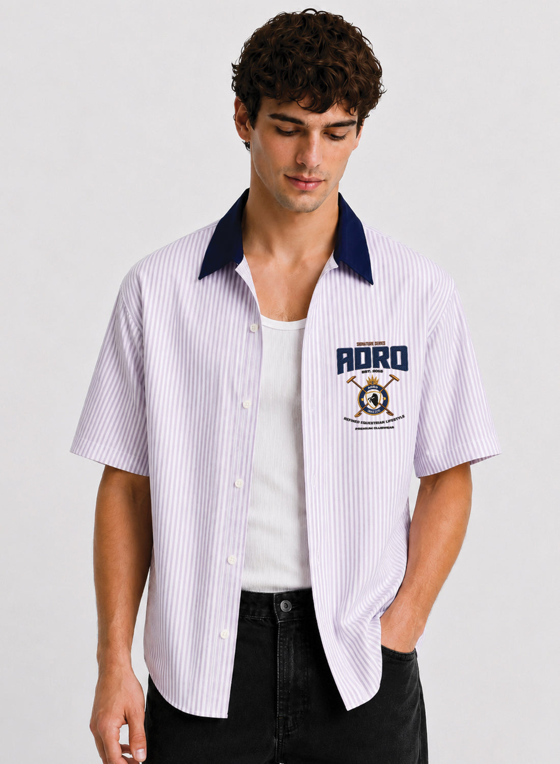 ADRO Signature Series Half Sleeve Striped Shirt for Men | Cotton Blend Casual Shirts | Relaxed Fit Contrast Collar Summer Wear | Lavender