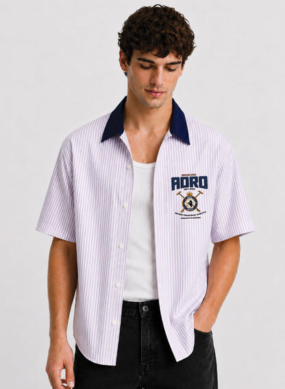 ADRO Signature Series Half Sleeve Striped Shirt for Men | Cotton Blend Casual Shirts | Relaxed Fit Contrast Collar Summer Wear | Lavender