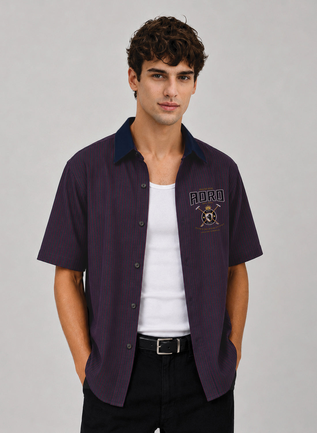 ADRO Signature Series Half Sleeve Striped Shirt for Men | Cotton Blend Casual Shirts | Relaxed Fit Contrast Collar Summer Wear | Maroon