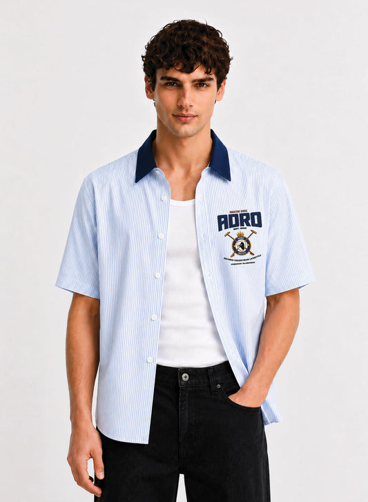 ADRO Signature Series Half Sleeve Striped Shirt for Men | Cotton Blend Casual Shirts | Relaxed Fit Contrast Collar Summer Wear | Sky Blue Sky Blue