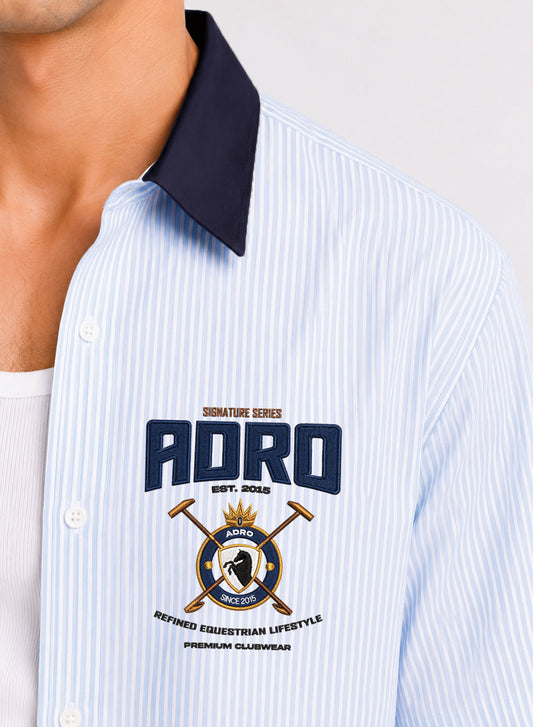ADRO Signature Series Half Sleeve Striped Shirt for Men | Cotton Blend Casual Shirts | Relaxed Fit Contrast Collar Summer Wear | Sky Blue