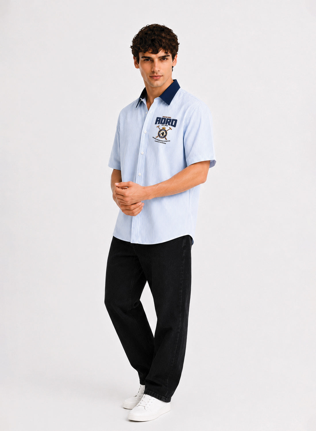 ADRO Signature Series Half Sleeve Striped Shirt for Men | Cotton Blend Casual Shirts | Relaxed Fit Contrast Collar Summer Wear | Sky Blue