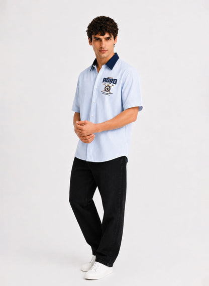 ADRO Signature Series Half Sleeve Striped Shirt for Men | Cotton Blend Casual Shirts | Relaxed Fit Contrast Collar Summer Wear | Sky Blue