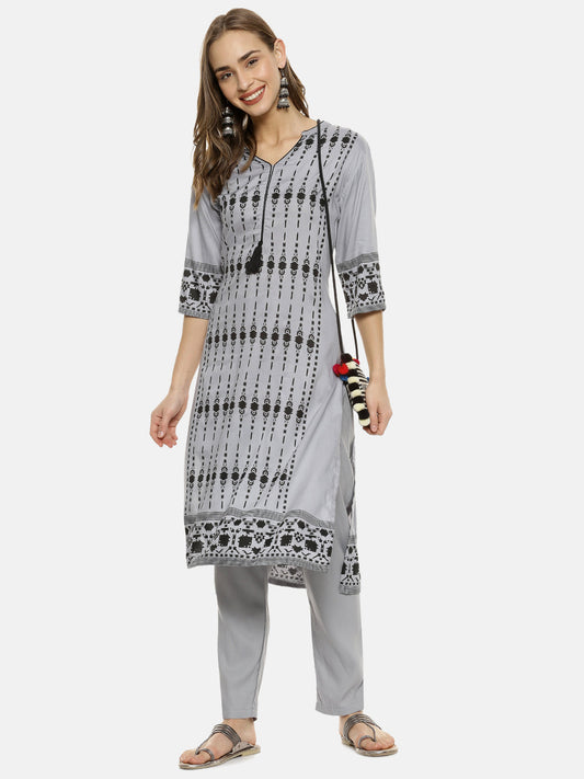Geometric Ethnic Print Kurta With Trousers Set
