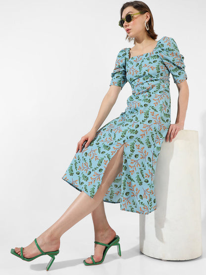 Botanical Print Dress With Slit
