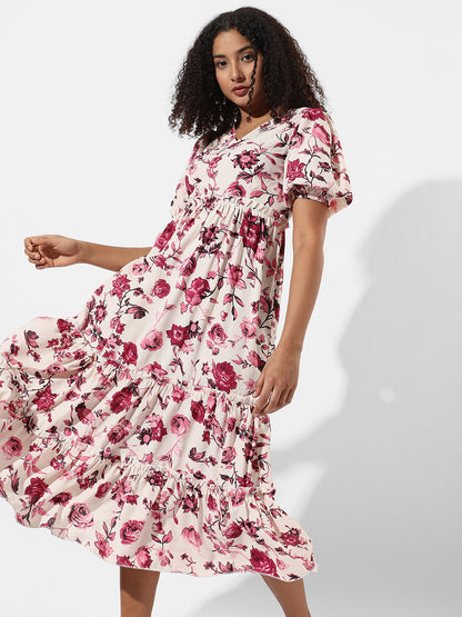 White,Pink Floral Printed Dress