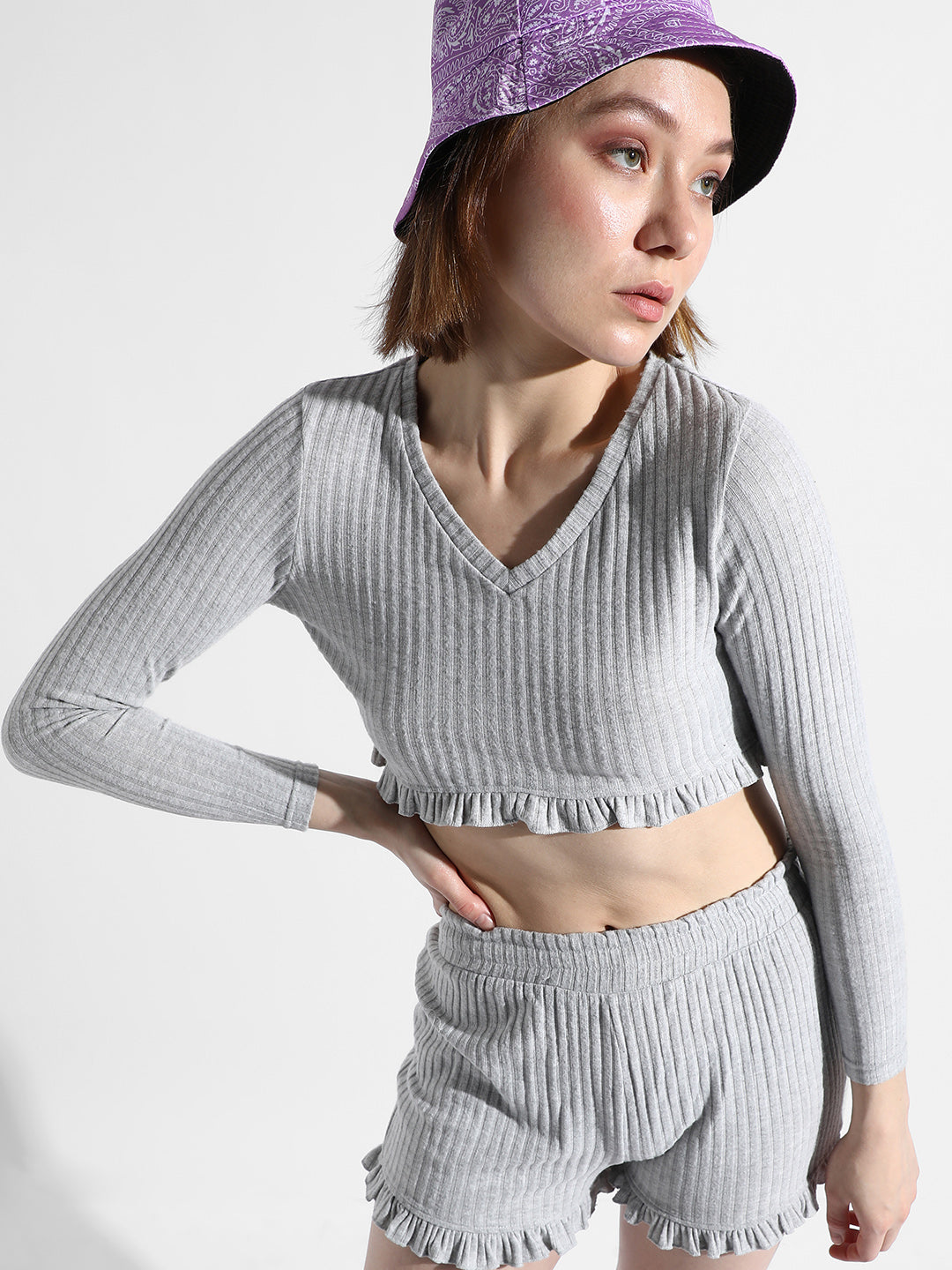 Solid Ribbed Co-Ord Set With Ruffle Detail