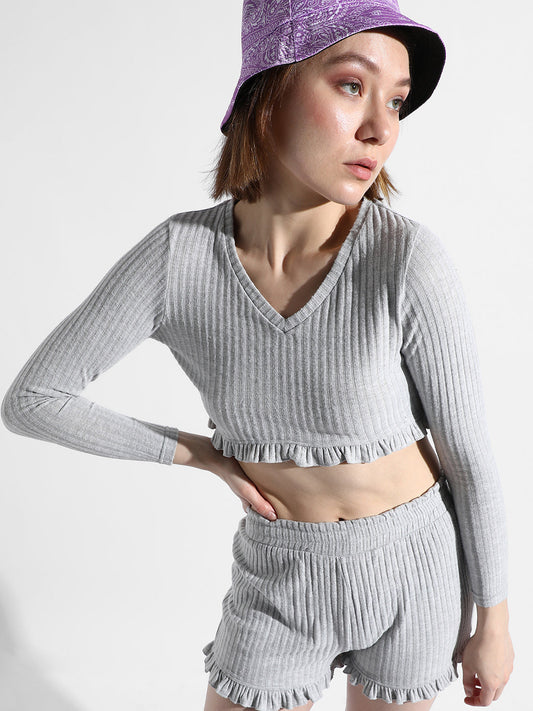 Solid Ribbed Co-Ord Set With Ruffle Detail