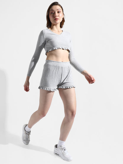 Solid Ribbed Co-Ord Set With Ruffle Detail