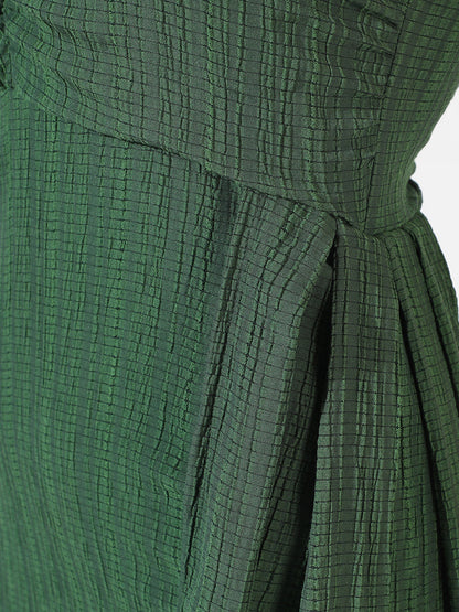Solid Forest Green Ruched Dress With Trail