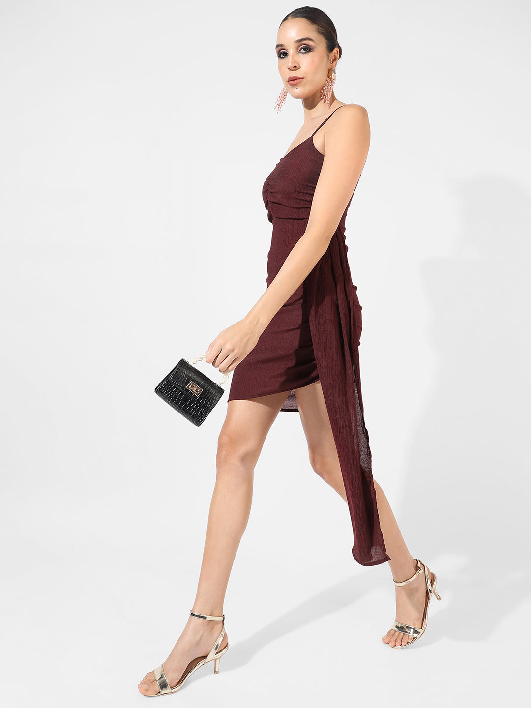 Solid Ruched Dress With Trail