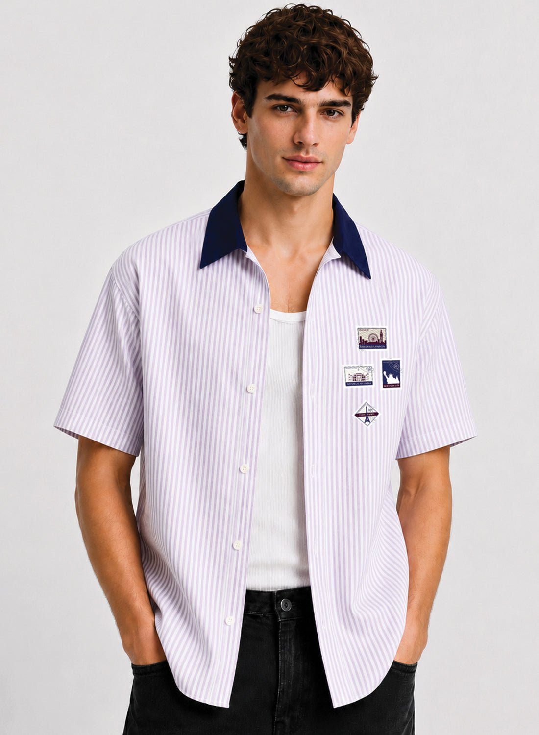 ADRO World Stamps Half Sleeve Striped Shirt for Men | Cotton Blend Casual Shirts | Relaxed Fit Contrast Collar Summer Wear | Lavender Lavender