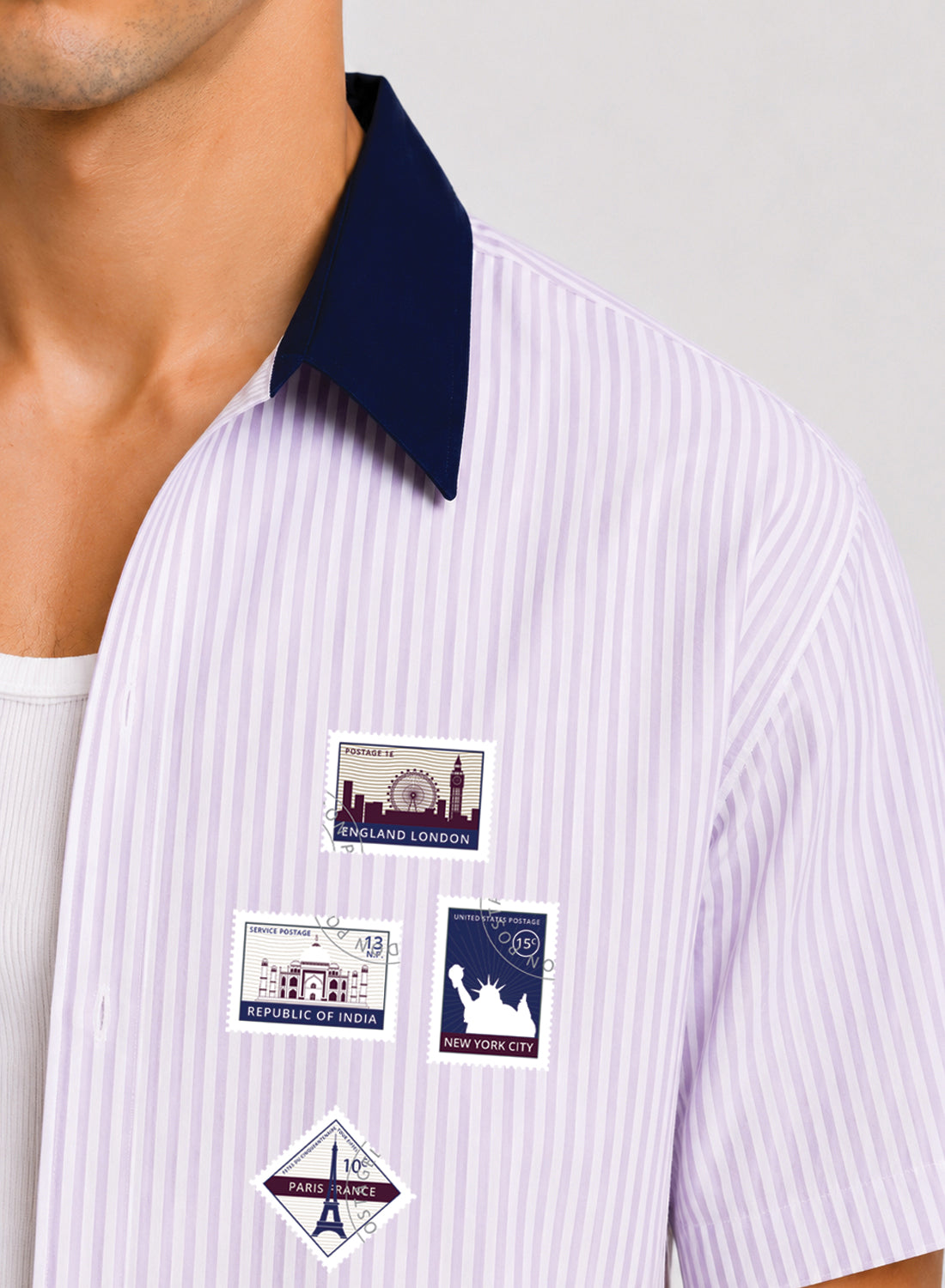 ADRO World Stamps Half Sleeve Striped Shirt for Men | Cotton Blend Casual Shirts | Relaxed Fit Contrast Collar Summer Wear | Lavender