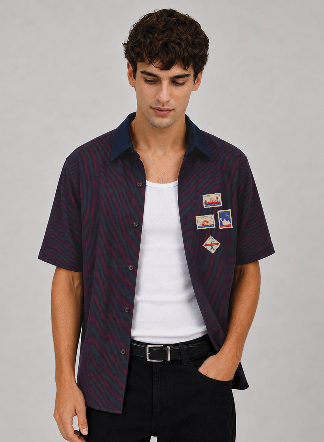 ADRO World Stamps Half Sleeve Striped Shirt for Men | Cotton Blend Casual Shirts | Relaxed Fit Contrast Collar Summer Wear | Maroon