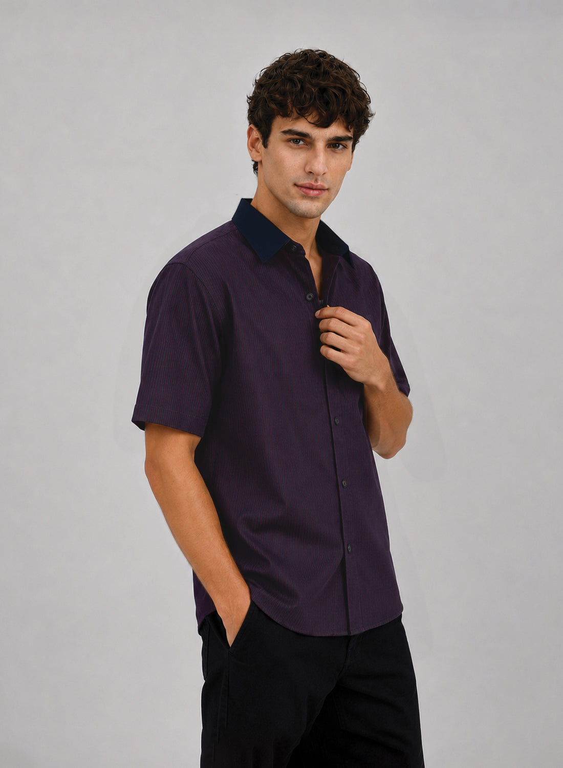 ADRO World Stamps Half Sleeve Striped Shirt for Men | Cotton Blend Casual Shirts | Relaxed Fit Contrast Collar Summer Wear | Maroon
