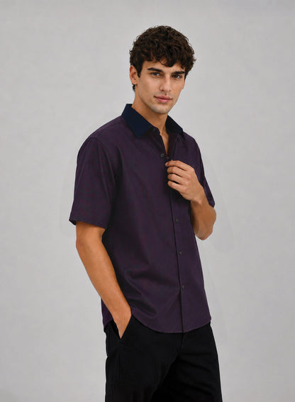 ADRO World Stamps Half Sleeve Striped Shirt for Men | Cotton Blend Casual Shirts | Relaxed Fit Contrast Collar Summer Wear | Maroon