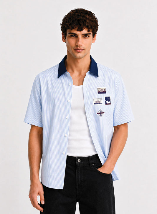 ADRO World Stamps Half Sleeve Striped Shirt for Men | Cotton Blend Casual Shirts | Relaxed Fit Contrast Collar Summer Wear | Sky Blue Sky Blue