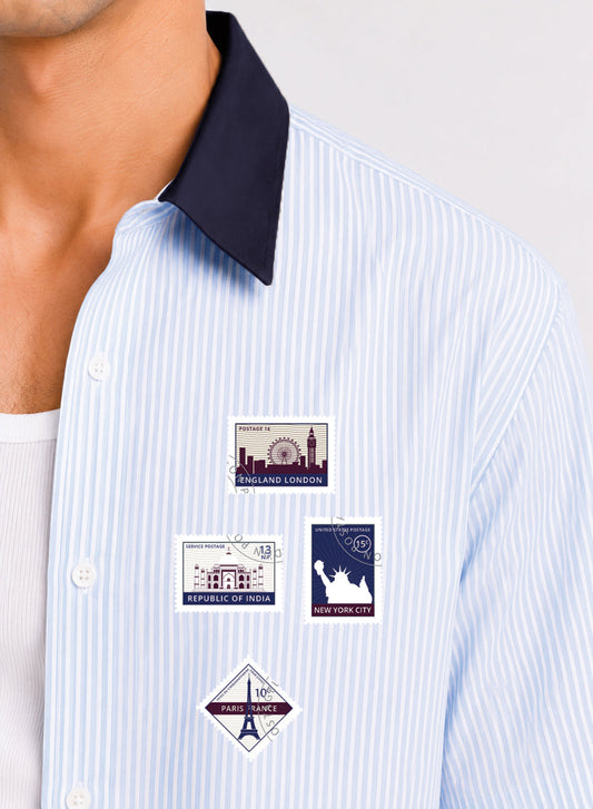 ADRO World Stamps Half Sleeve Striped Shirt for Men | Cotton Blend Casual Shirts | Relaxed Fit Contrast Collar Summer Wear | Sky Blue