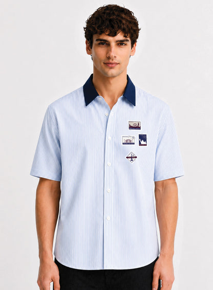 ADRO World Stamps Half Sleeve Striped Shirt for Men | Cotton Blend Casual Shirts | Relaxed Fit Contrast Collar Summer Wear | Sky Blue