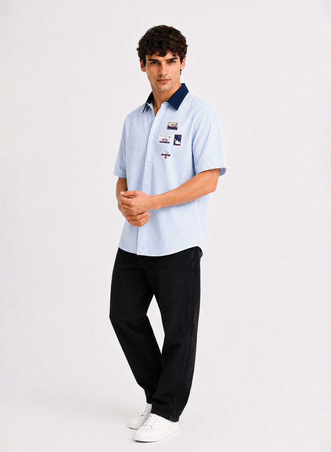 ADRO World Stamps Half Sleeve Striped Shirt for Men | Cotton Blend Casual Shirts | Relaxed Fit Contrast Collar Summer Wear | Sky Blue