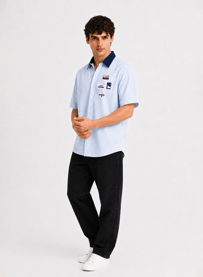 ADRO World Stamps Half Sleeve Striped Shirt for Men | Cotton Blend Casual Shirts | Relaxed Fit Contrast Collar Summer Wear | Sky Blue