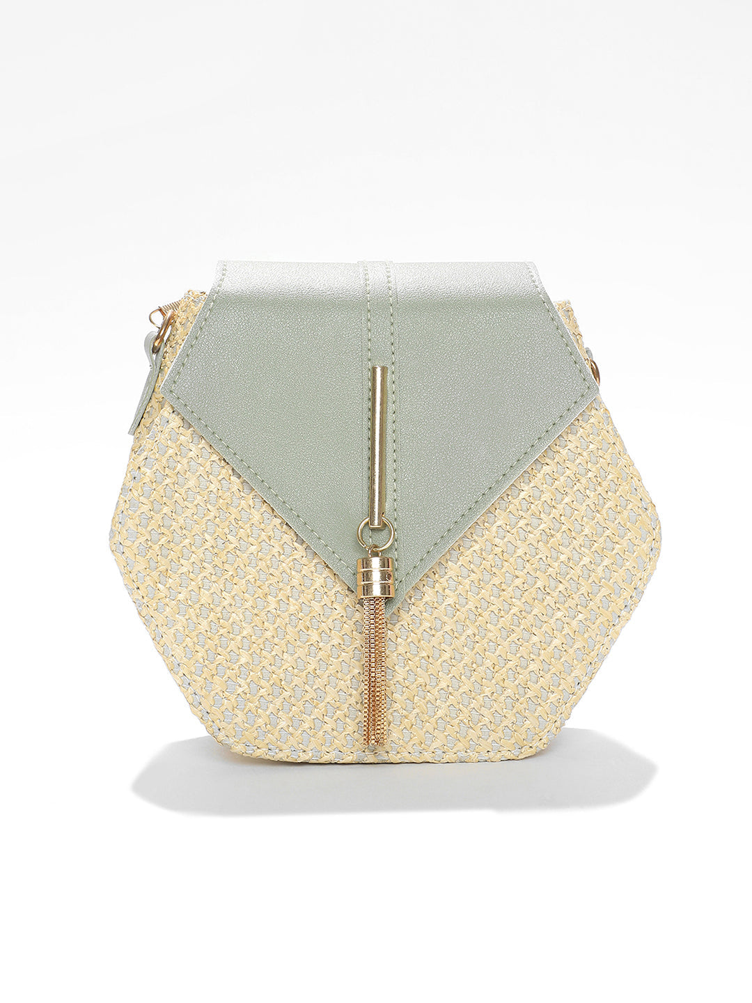 MULTICOLOURED GEOMETRIC VEGAN LEATHER STRUCTURED SLING BAG WITH TASSELLED