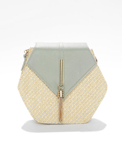 MULTICOLOURED GEOMETRIC VEGAN LEATHER STRUCTURED SLING BAG WITH TASSELLED