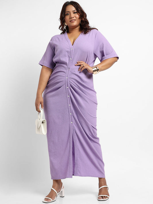 Lavender Button-Front Ruched Dress