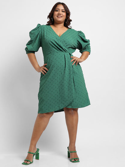 Forest Green Self-Design Petal Dress