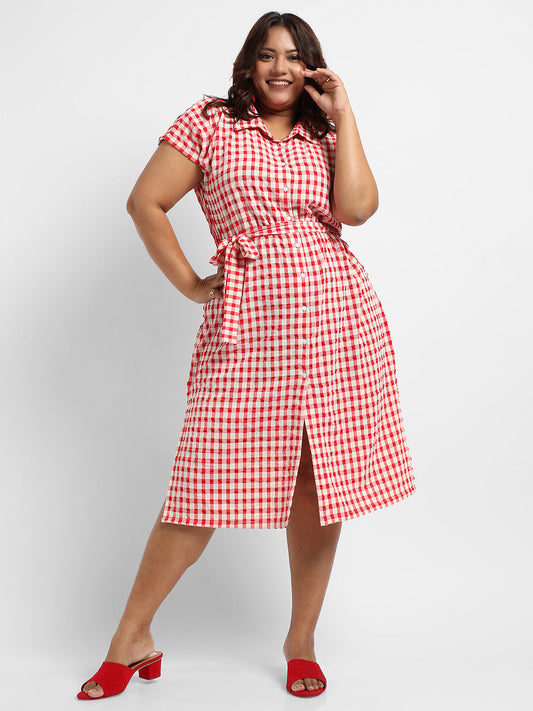Red Button-Front Gingham Dress