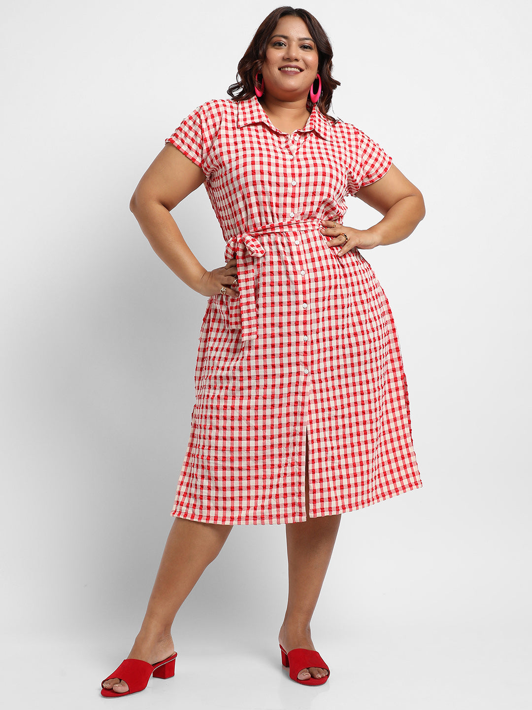 Red Button-Front Gingham Dress