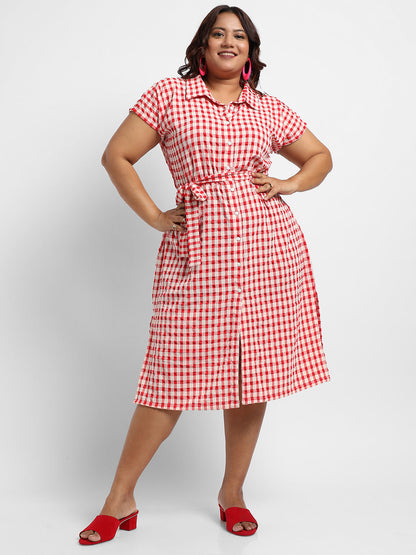 Red Button-Front Gingham Dress