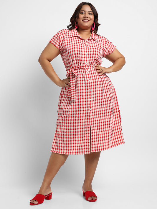 Red Button-Front Gingham Dress