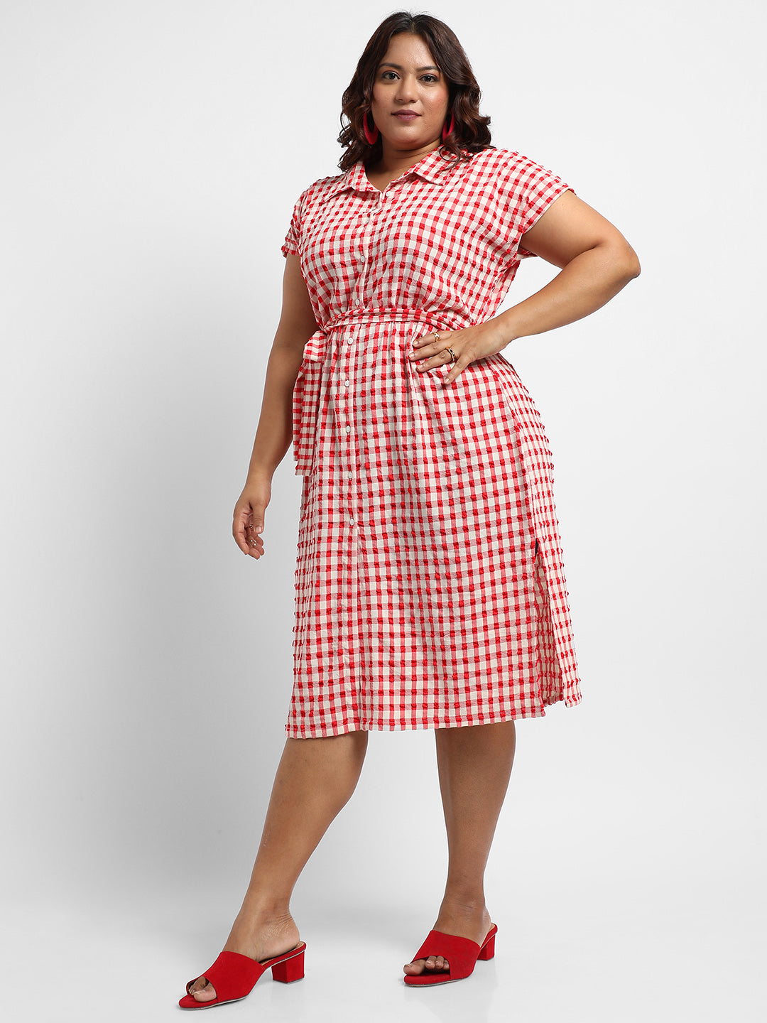 Red Button-Front Gingham Dress