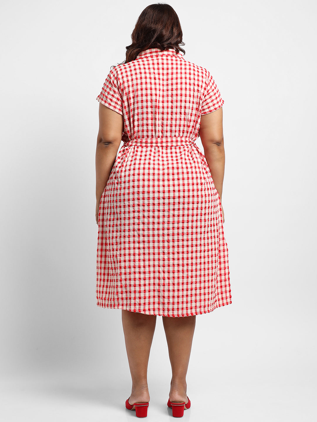 Red Button-Front Gingham Dress