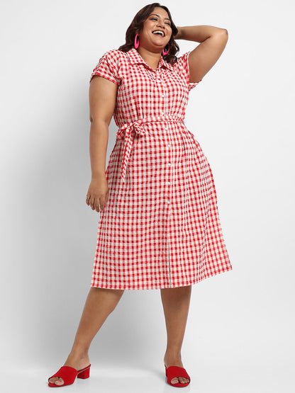 Red Button-Front Gingham Dress