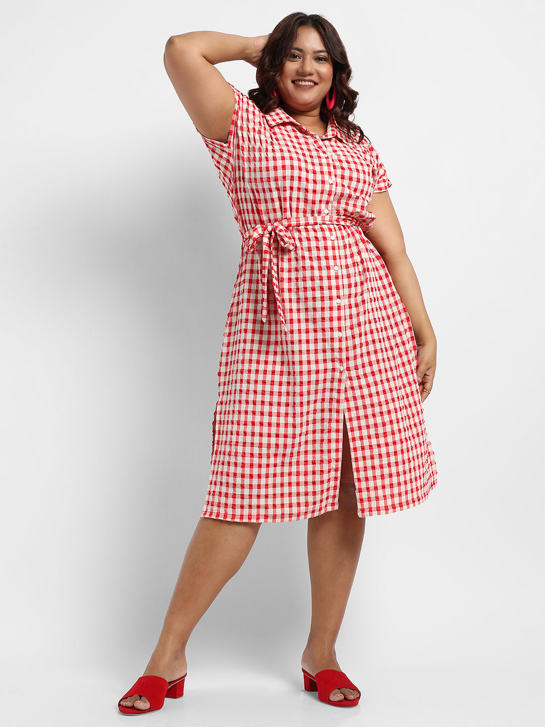 Red Button-Front Gingham Dress
