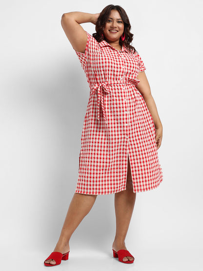 Red Button-Front Gingham Dress