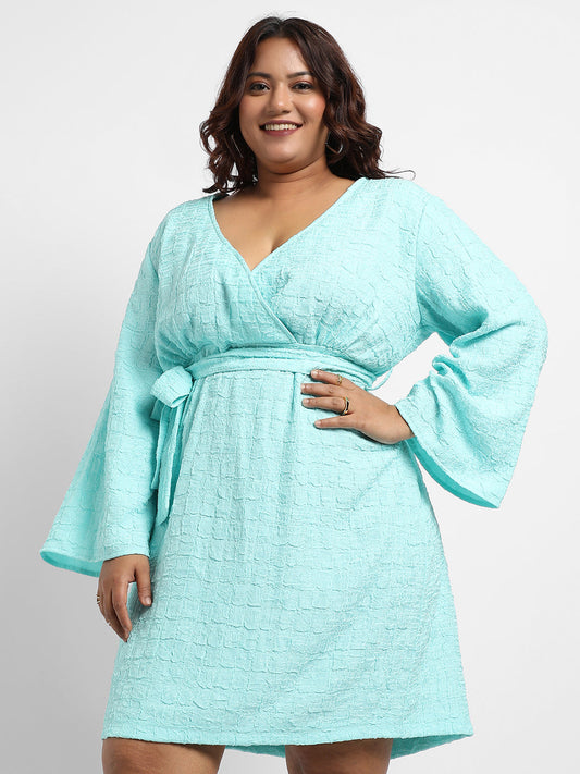 Light Blue Tie-Up Wrap Neck Dress