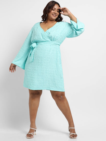 Light Blue Tie-Up Wrap Neck Dress