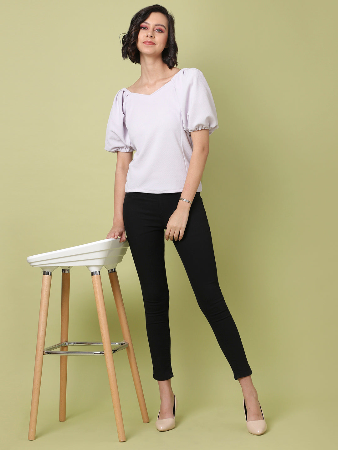 Solid Top With Puff Sleeves