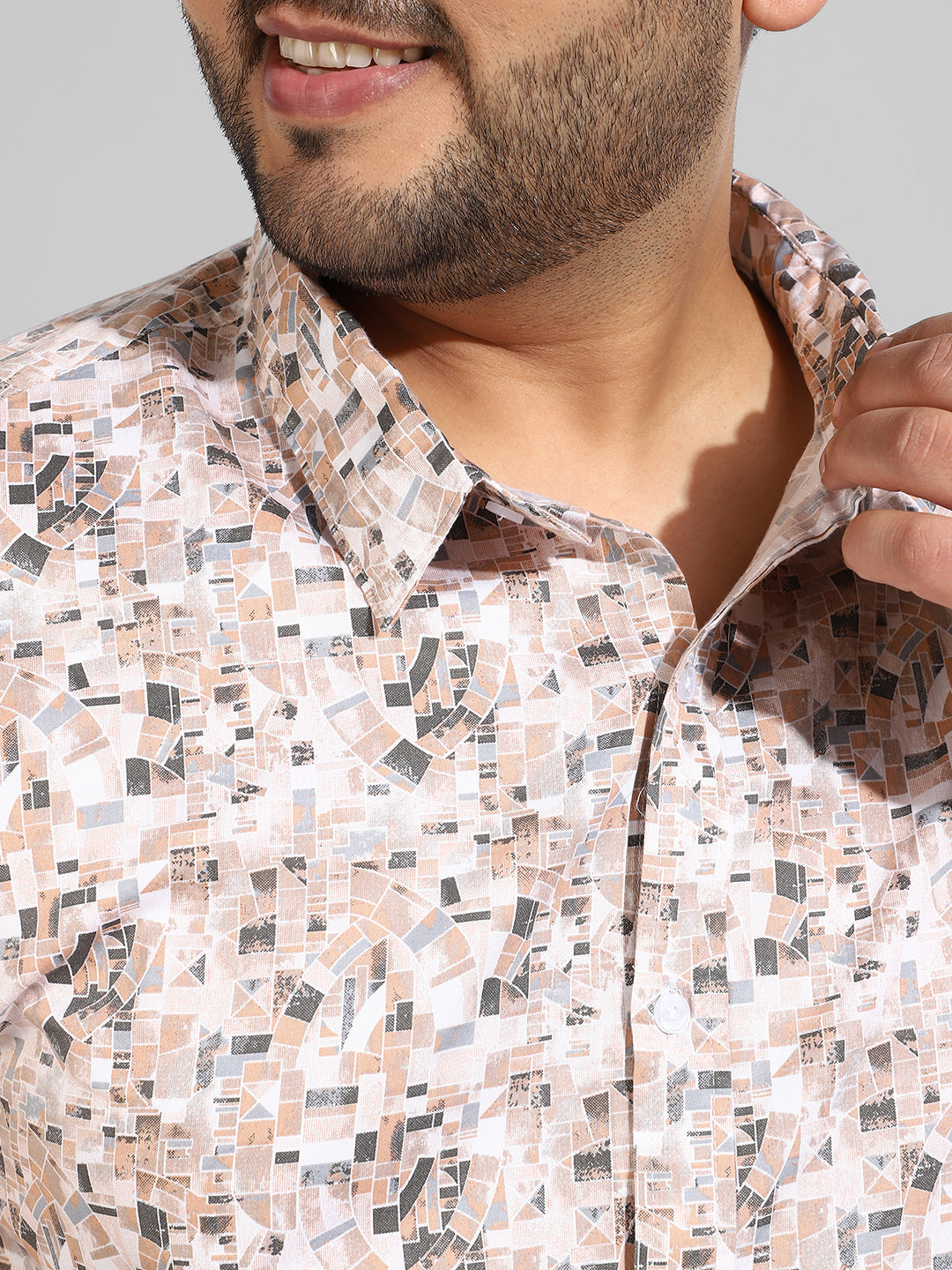 Beige Printed Regular Fit Casual Shirt